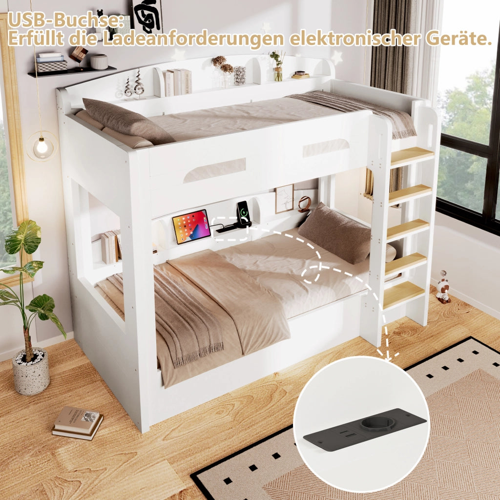 Letto a castello 90 × 200 cm con presa USB e ripiani laterali in legno e MDF per camerette
