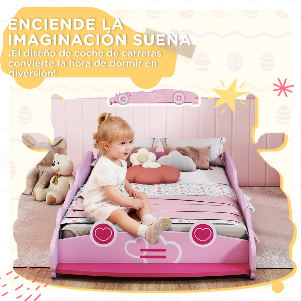 Letto Singolo Infantile con Testiera a Forma di Auto e Barriera Anticaduta ¨C Zephmum ¨C Rosa 70x140 cm
