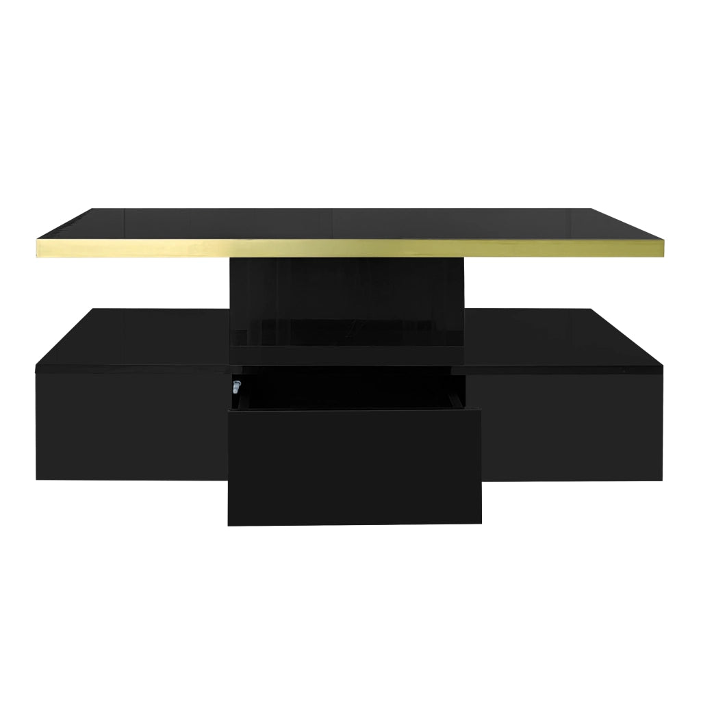 Tavolino da caffè con 1 Cassetto e 2 Ripiani; con LED; Laccato Lucido; Stile Moderno; in Pannello truciolare; Nero; 100×50×39 cm