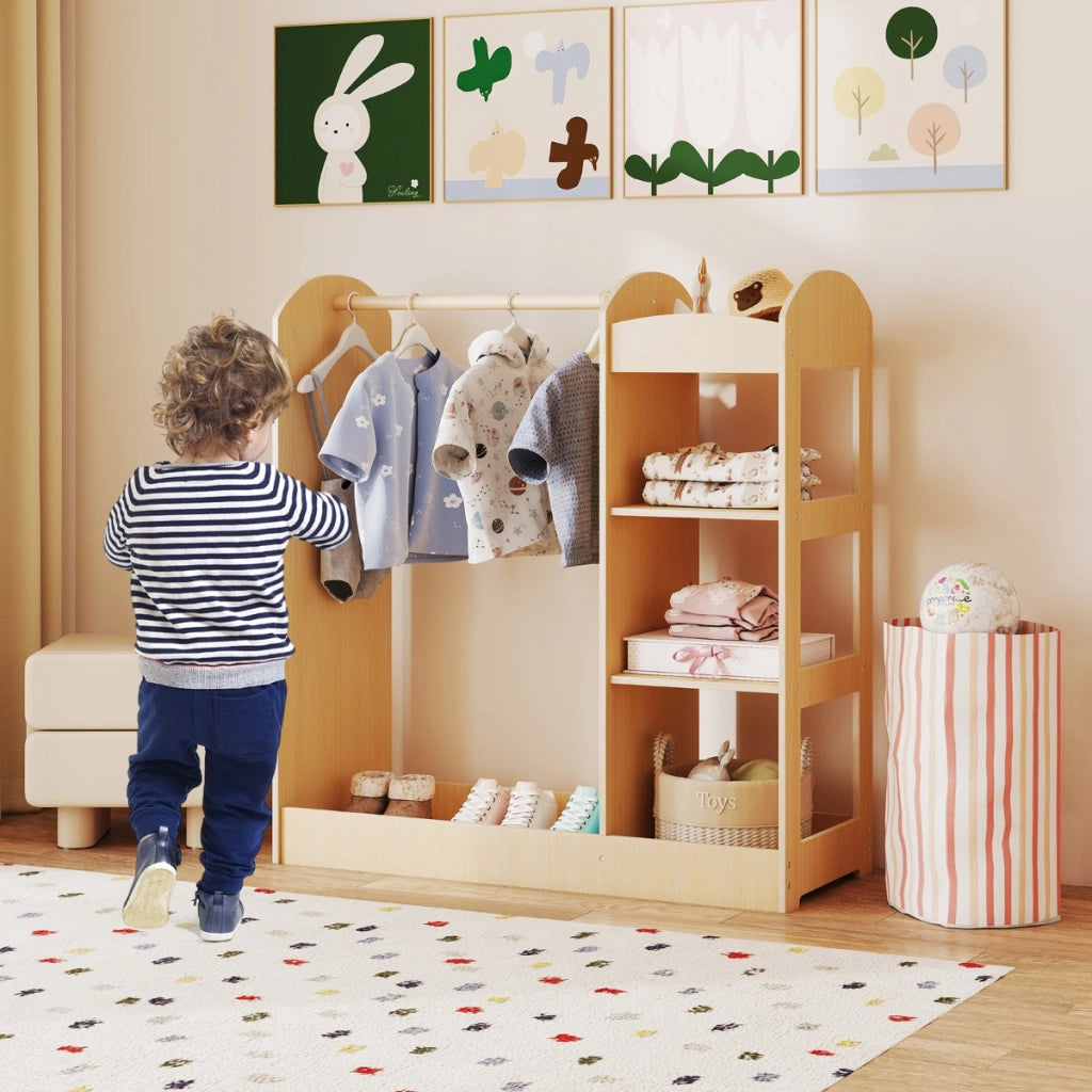 Piccolo armadio per bambini con specchio appendiabiti scaffali, Armadio di stoccaggio per stanza di giochi Legno naturale-Scaffalature