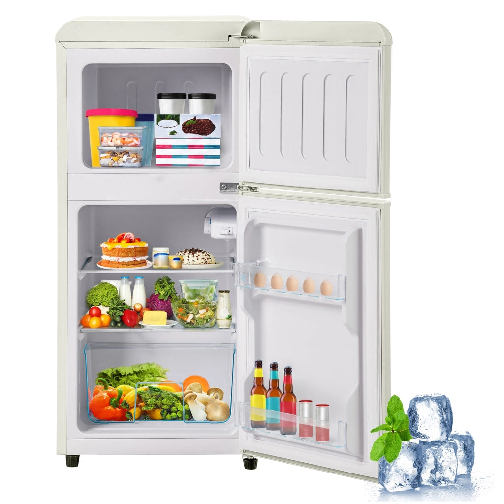 Frigorifero/congelatore in stile retr¨°. Altezza 88,8 cm, larghezza 45,5 cm, due porte, capacit¨¤ totale 60 litri, scomparto congelatore 22 litri.