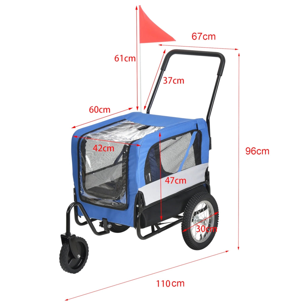 Rimorchio per bicicletta per cani e altri animali con ruota anteriore catarifrangenti e bandiera rossa gancio di traino capacità di carico 20 kg 143 x 67 x 96 cm acciaio PVC e poliestere blu grigio nero 03_0005987