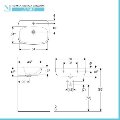 Lavabo sospeso 60 cm Geberit bianco lucido monoforo  Fantasia