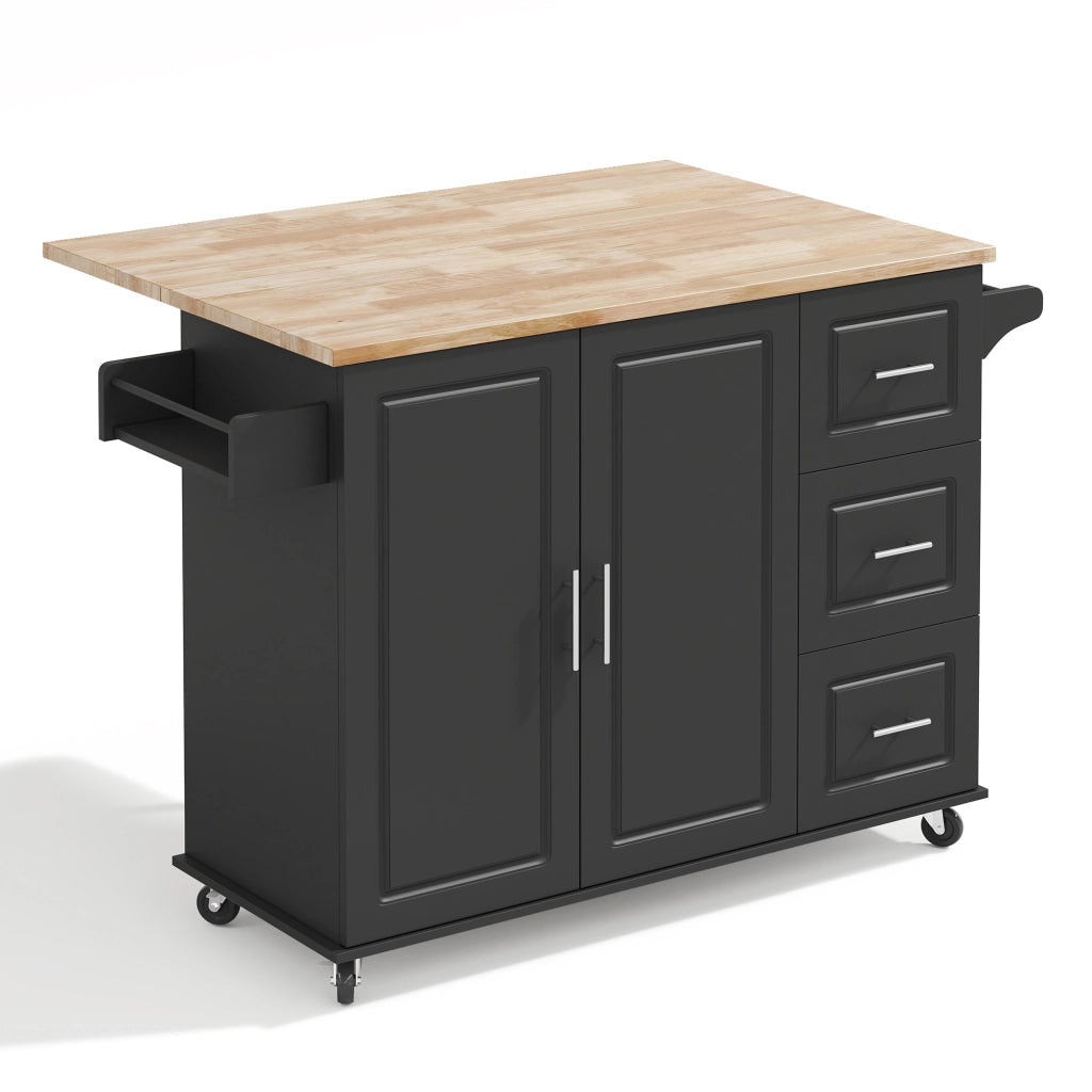 Isola da cucina mobile pieghevole con piano in effetto rovere, 3 cassetti, armadio a 2 ante e porta asciugamani, nero