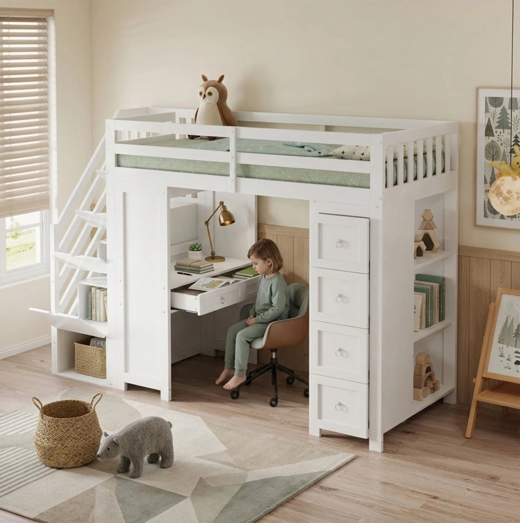 Letto a soppalco per bambini 90x200 cm bianco con scrivania