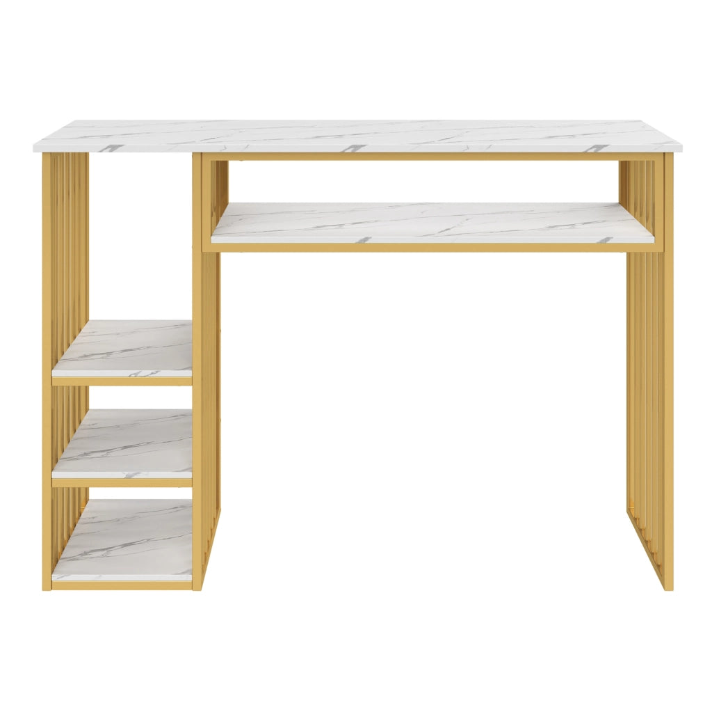 Bartisch con ripiani 140 x 40 x 105 cm in MDF e metallo; bianco e oro; effetto marmo