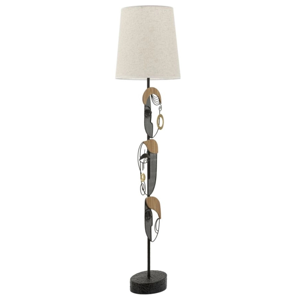 Lampada da terra Picassy in ferro con volti cubisti e paralume in lino naturale