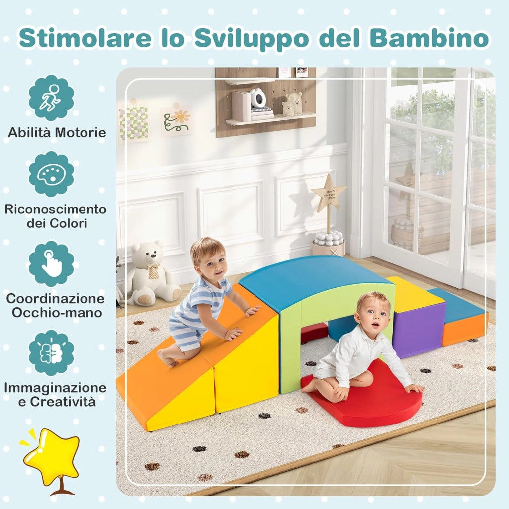 6 Blocchi di Schiuma per Arrampicata, Gioco Morbido per Bambini, Set di Costruzioni Colorate per Arrampicarsi e Strisciare con Tunnel, Scale e Rampetta per Bambini 12 Mesi + (Colorato)