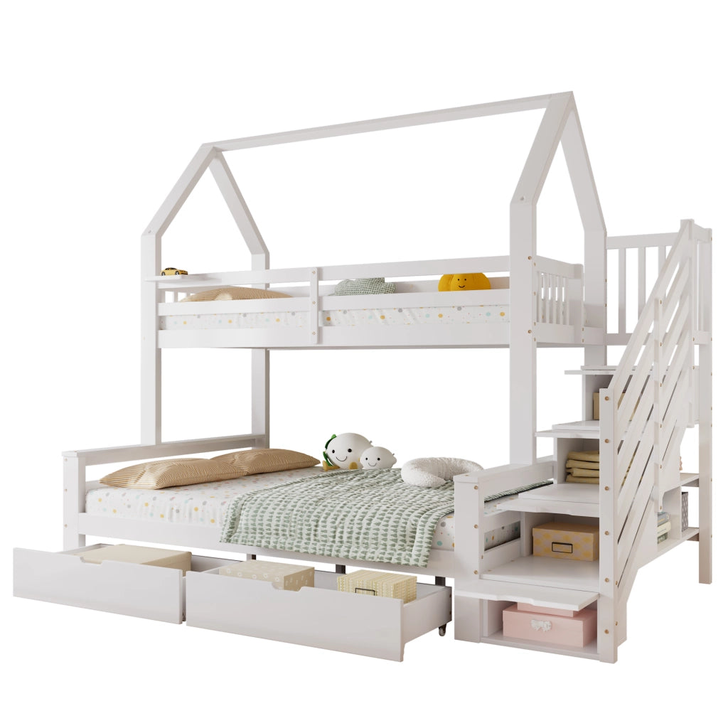 Letto a castello per bambini con scala contenitore, due cassetti su ruote e design con tetto, bianco, 90x200 cm e 140x200 cm