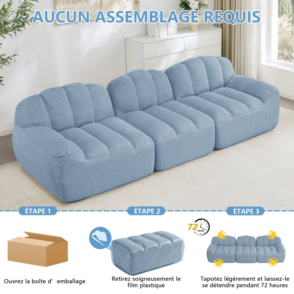 Divano modulare 2 posti blu senza struttura, con cuscini profondi e forma ergonomica a conchiglia