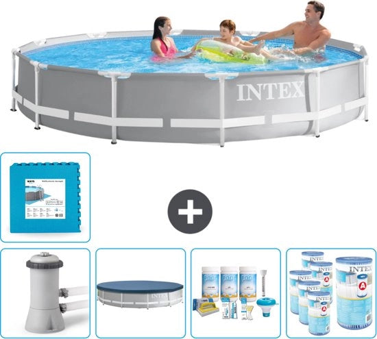 Piscina Rettangolare a Fisso - 366 x 76 cm - Grigio - Incluso Pompa Copertura - Kit Manutenzione - Filtro - Piastrelle di Fondale