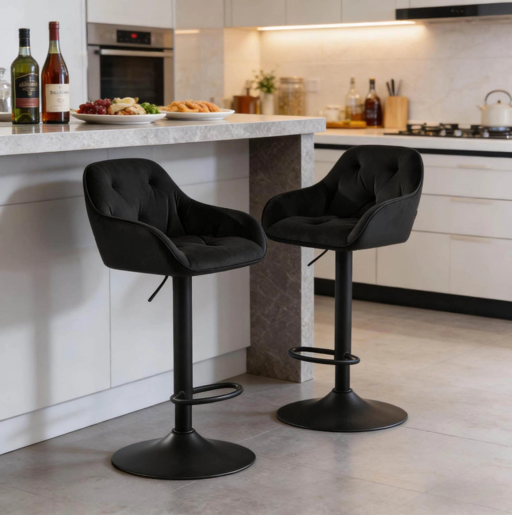 Set di 2 sgabelli da bar regolabili in velluto nero, girevoli a 360°