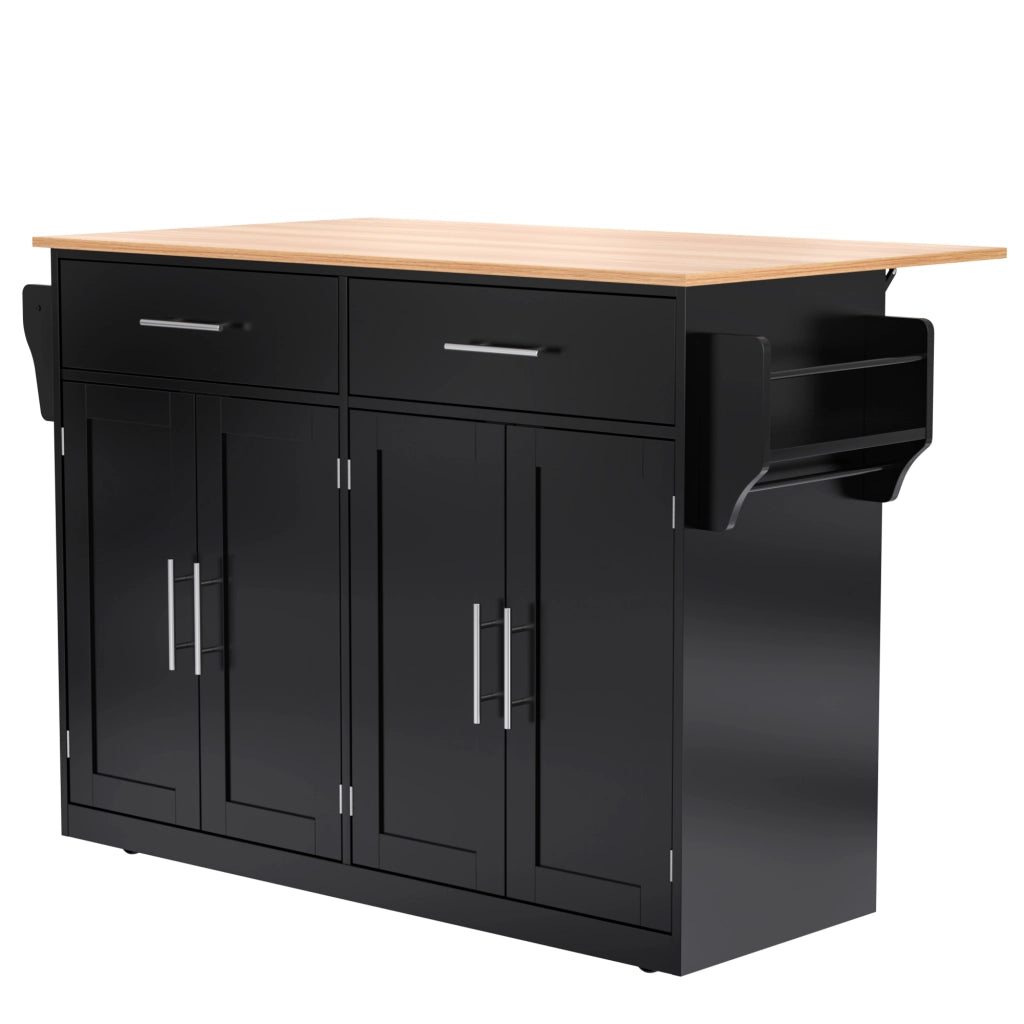 Isola da Cucina Mobile 120x46/70x91 cm Nera con Piano Ribaltabile; 2 Cassetti; Ruote e Gambe in Legno