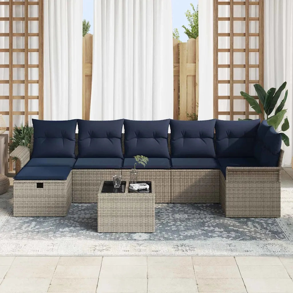 Set Divano da Giardino 8 pcs Grigio e Blu Navy polyrattan