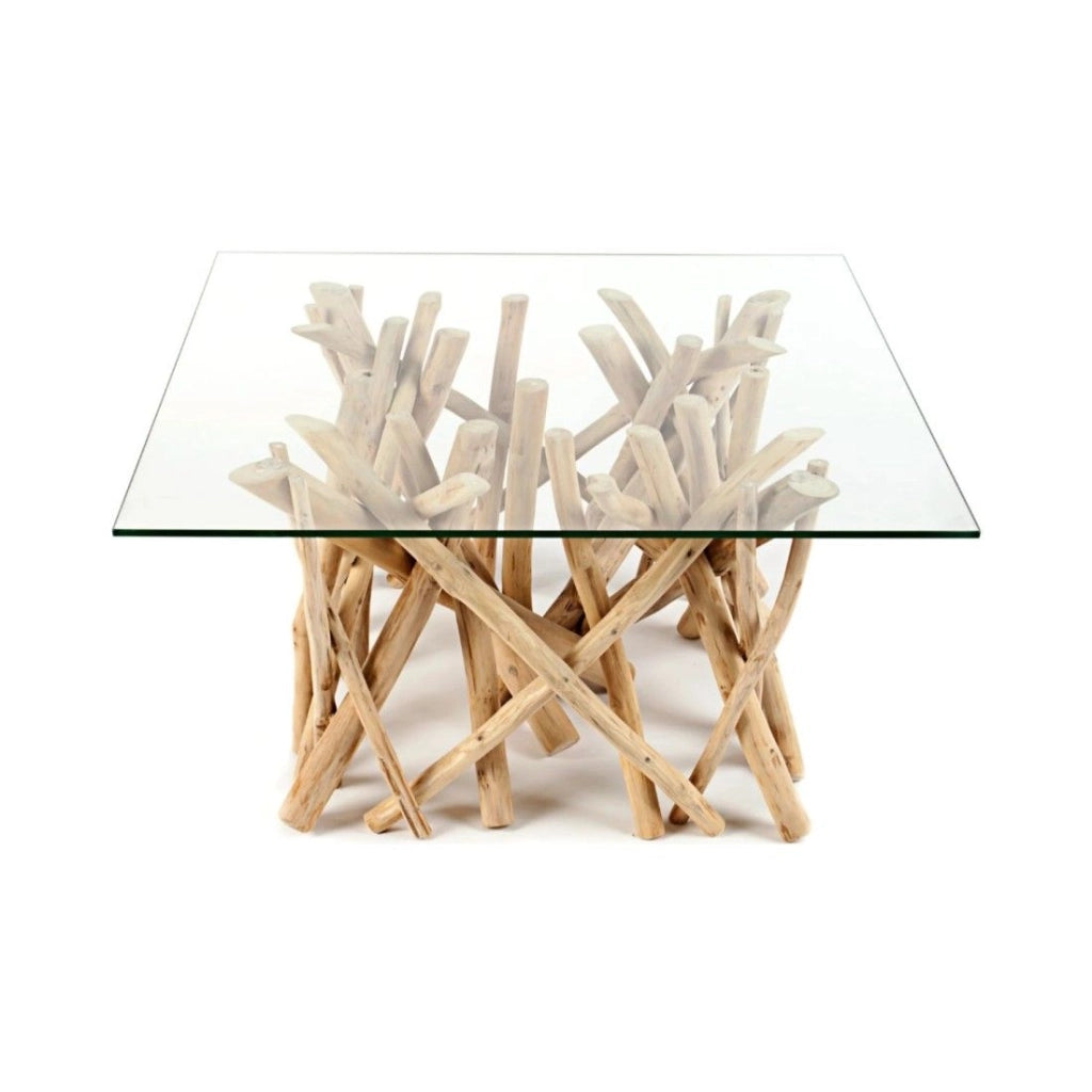 Tavolino basso WOODEN quadrato 80 cm – Tavolino design in legno di galleggiamento e vetro temperato