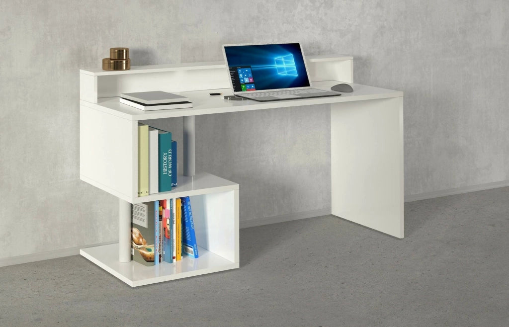 Scrivania Kobenhavn, Scrittoio lineare con ripiani portaoggetti, Scrivania ufficio multiuso con sopralzo, 140x60h93 cm, Bianco