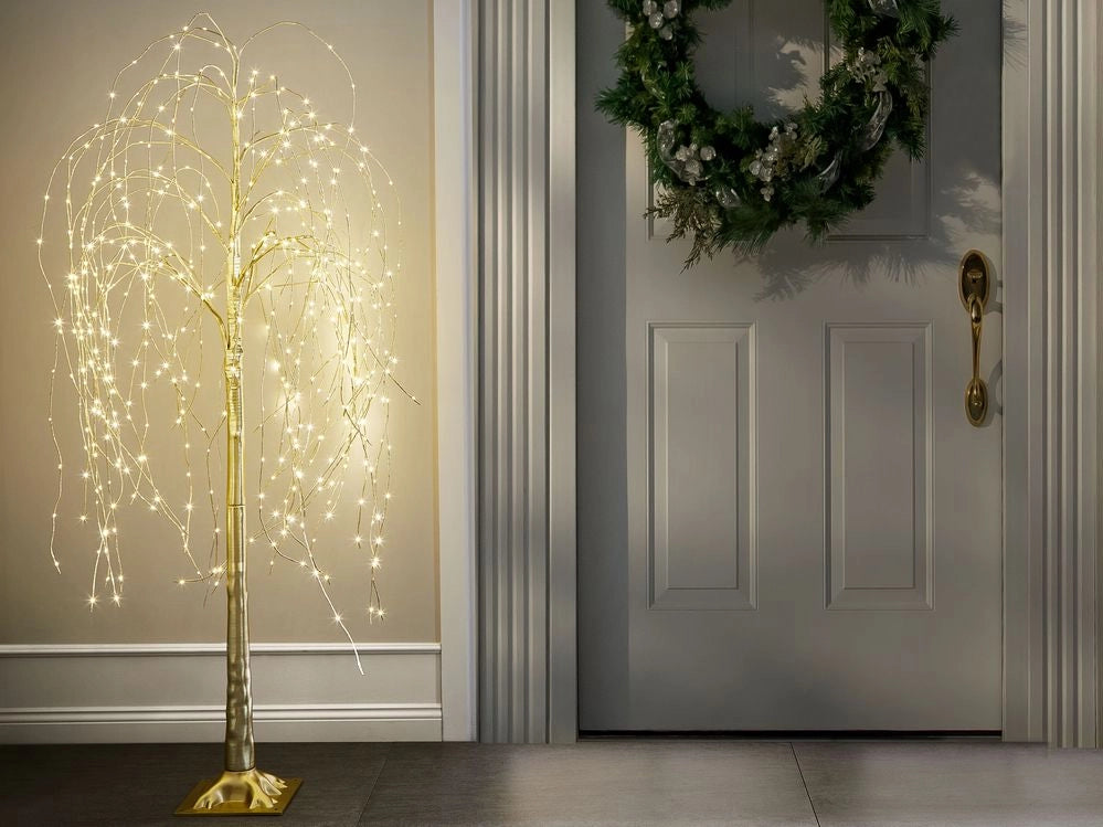 Albero di Natale artificiale in PVC oro 180 cm preilluminato con luci LED per esterni e interni in stile scandinavo