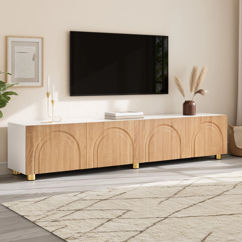 Mobile porta TV con 4 ante e rilievo ad arco, piedi in metallo, per soggiorno, in MDF e truciolare, 180 × 35 × 40 cm
