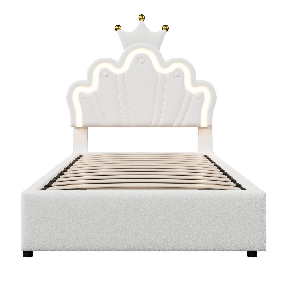 Letto Imbottito a Baldacchino con LED e Meccanismo Idraulico ¨C MINIMAL ¨C PU Bianco 90x200