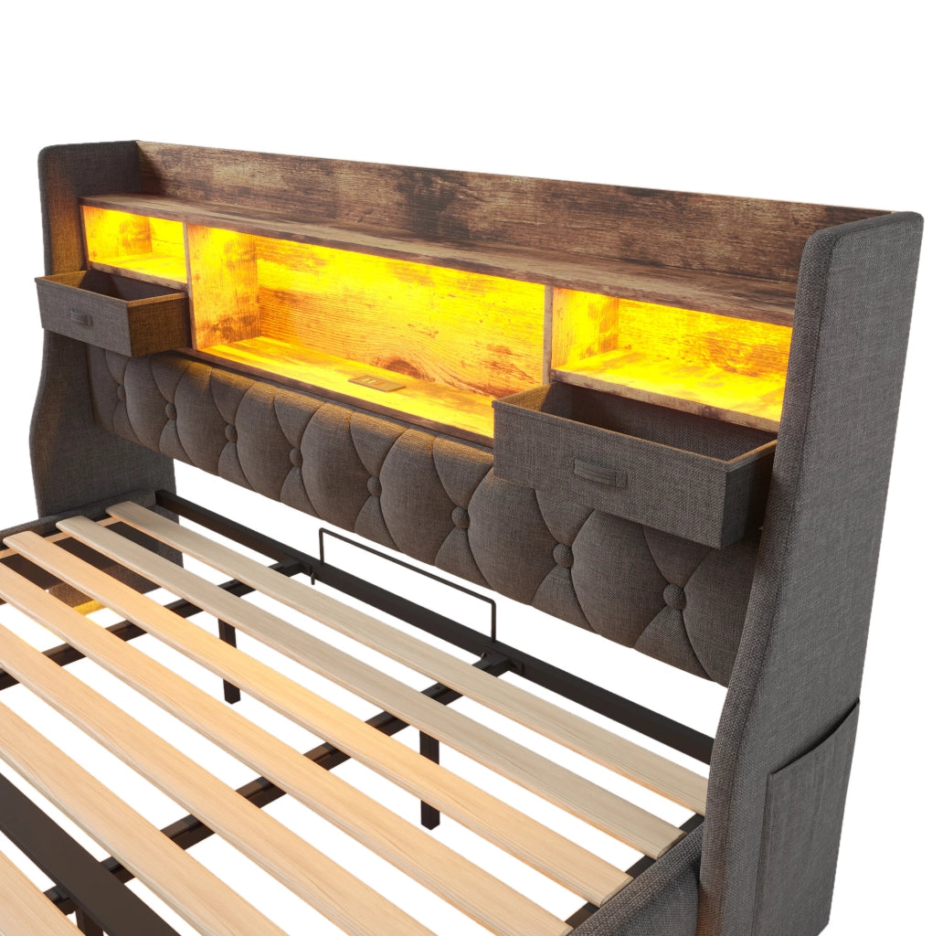 Letto matrimoniale 180x200 cm con LED; porta USB e USB C; testiera contenitore; lino grigio