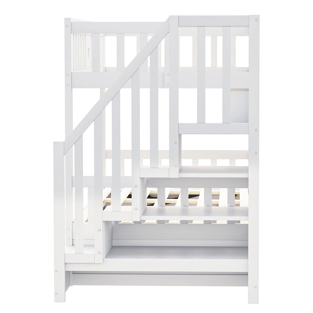 Letto a Castello Legno Ragazzi – Xylo – 90x200cm Bianco, Base Idraulica, Scala con Ripostiglio, Scaffali