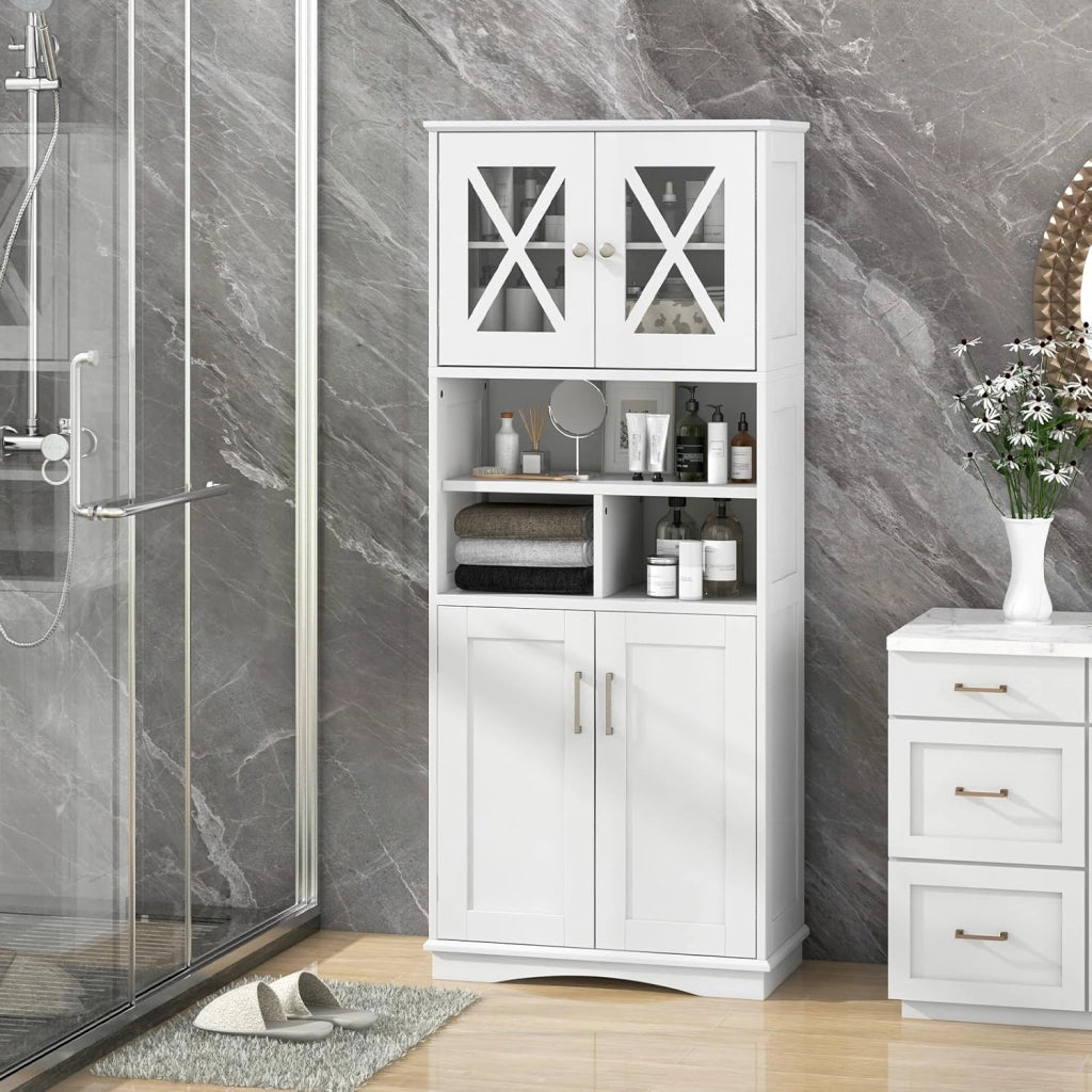 Armadietto da Bagno Slim con 4 Ante, Ripiano Regolabile e 3 Scomparti Aperti, Mobile Alto per Bagno e Soggiorno, Moderno，2 Colori