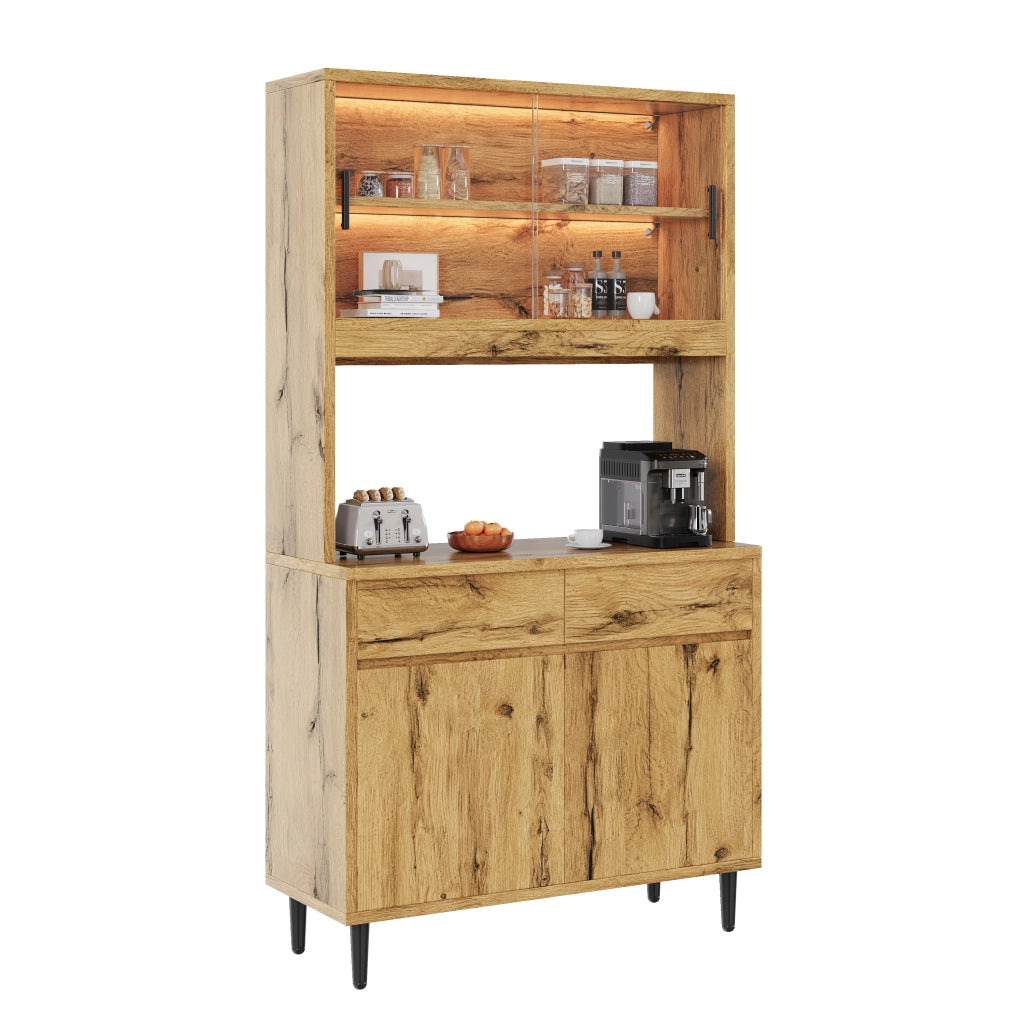 Credenza alta da soggiorno e sala da pranzo 100x40x185 cm, con illuminazione LED RGB, prese integrate e ante in vetro, colore rovere