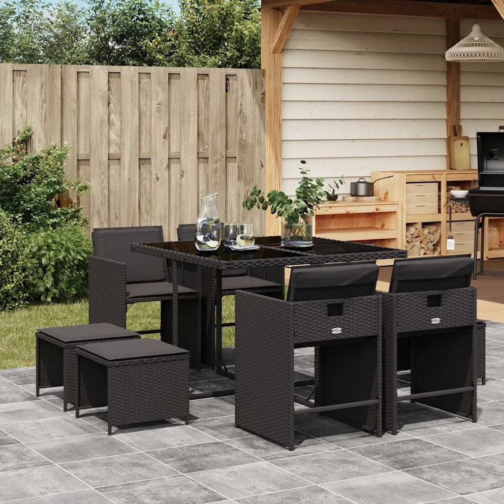 Set da Pranzo da Giardino 9 pz | Set Salotto da Giardino con Cuscini Nero in Polyrattan