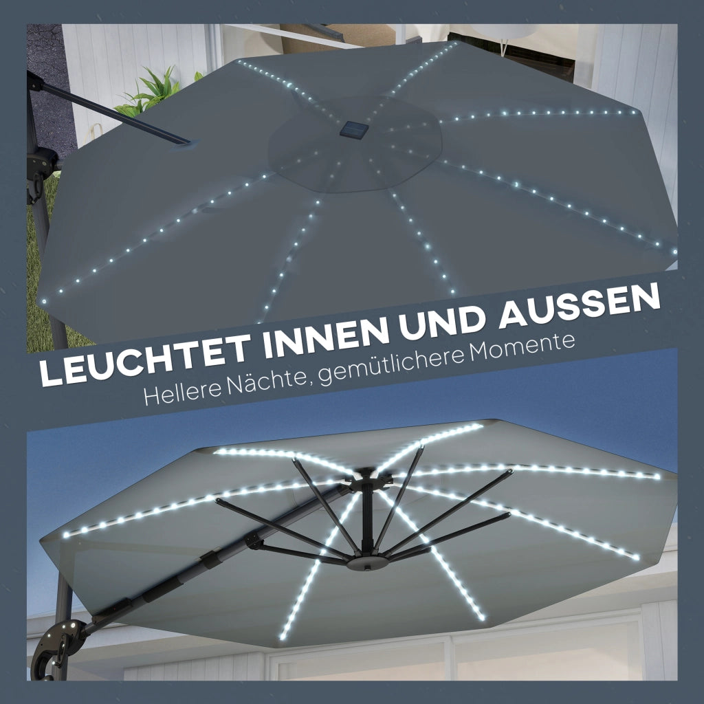 Parasole a sbalzo LED Solar ?300 cm Altezza Parasole regolabile con piepiedi UV50+ Grigio scuro
