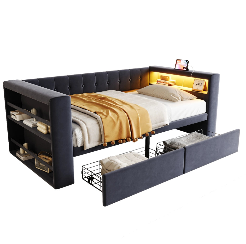 Divano letto multifunzionale 90x190 cm con LED; prese e contenitore; grigio scuro