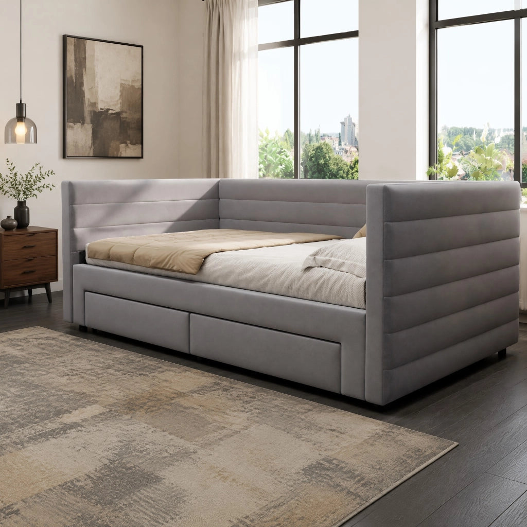 Letto imbottito 90x190 cm estraibile 3 in 1 con cassetti in cotone e lino grigio