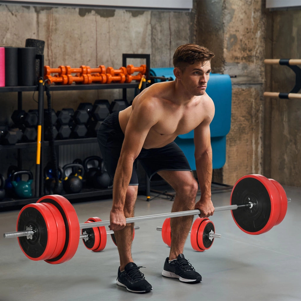 Set Bilanciere e Dischi 65kg totali per Workout in Casa, in Metallo, Sabbia di Ferro e Gomma, Rosso