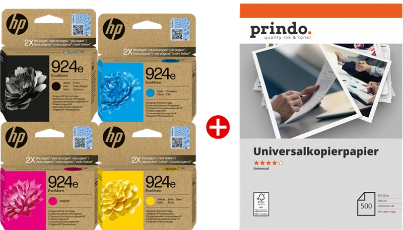 ORIGINAL HP Value Pack nero / ciano / magenta / giallo / Bianco 924e MCVP + Prindo Universal Papier 500 Blatt ~3400 Seiten