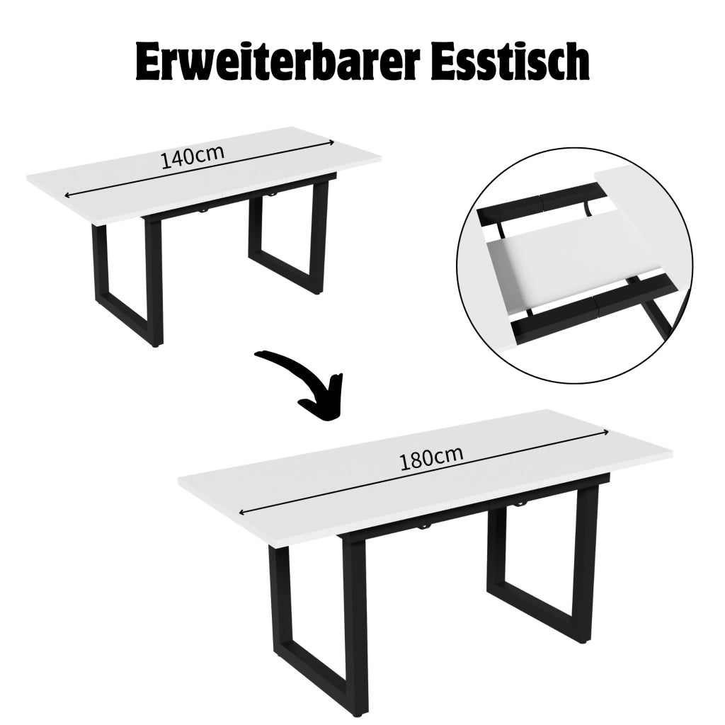 TAVOLO da pranzo allungabile 140/180x80x75 cm MDF Bianco/Nero stile industriale