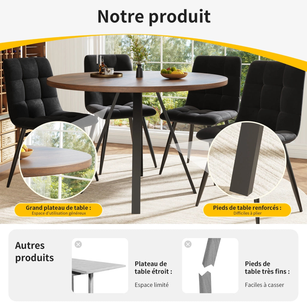 Tavolo da pranzo rotondo con 4 sedie in velluto, piano in MDF e gambe in metallo, per cucina e sala da pranzo