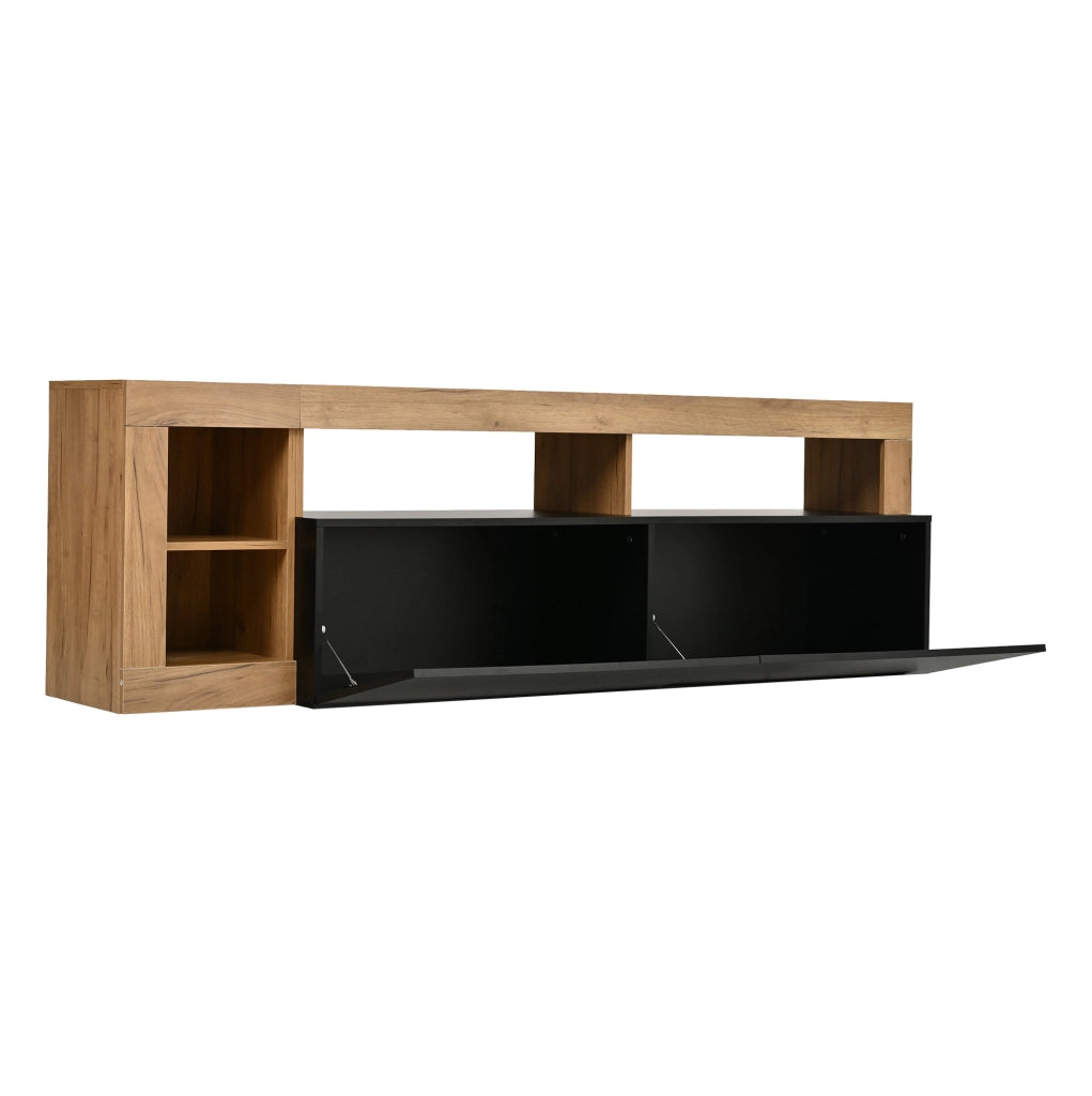 Mobile TV 184x42x58 cm con illuminazione LED e vani aperti in truciolare nero naturale