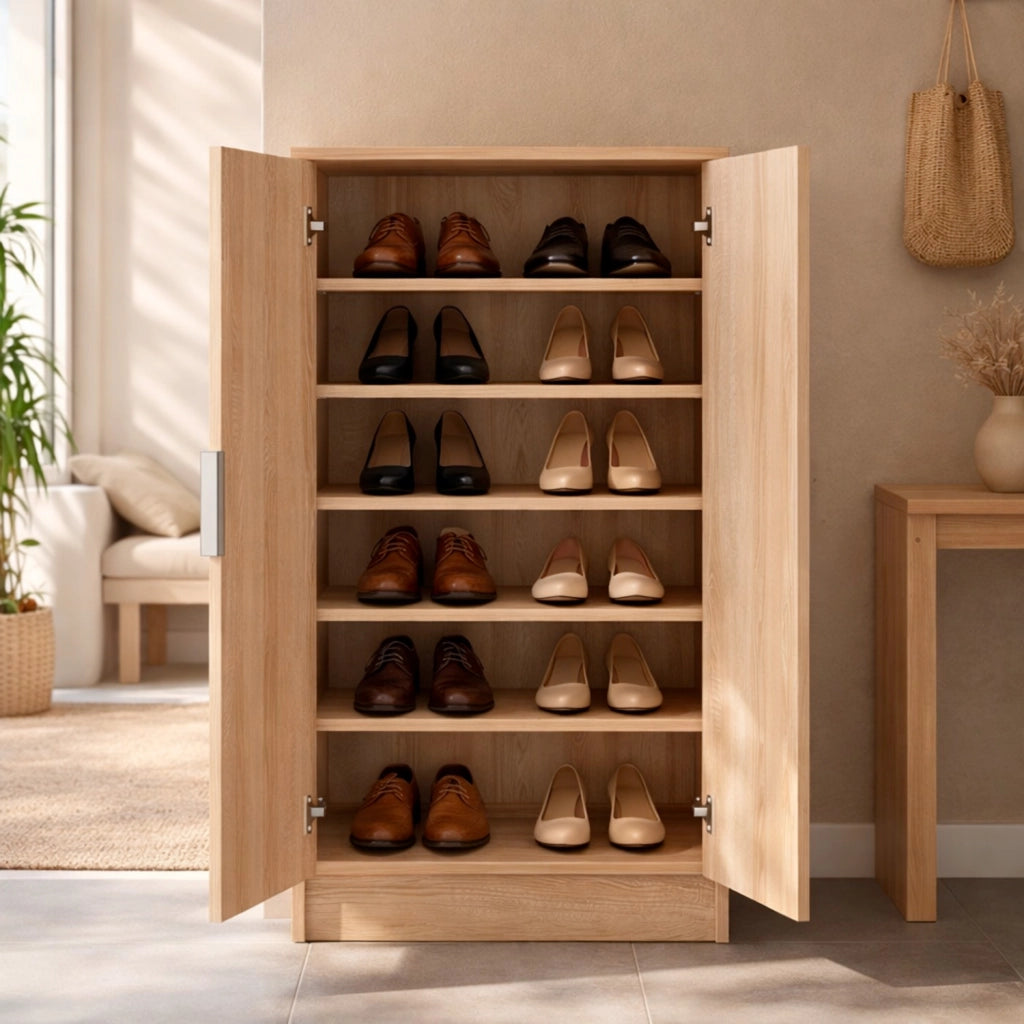 Mobile Porta Scarpe Armadio Multiuso Con 2 Ante E 6 Ripiani Estraibili Scarpiera Salvaspazio Design Moderno Minimal Per Ingresso Corridoio Camera Ripostiglio 108 X 55 X 39.6 Cm Rovere