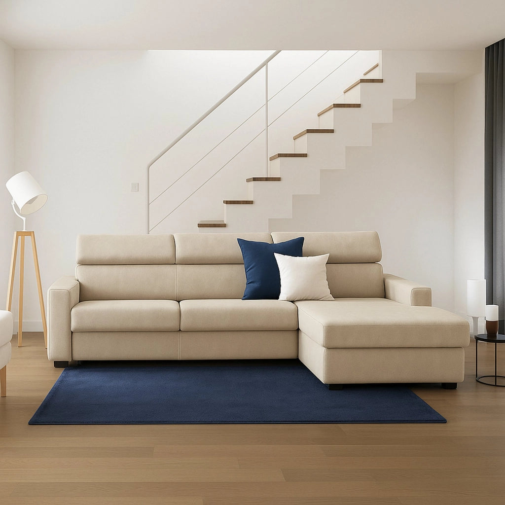 Divano fisso Ameno, Divano ad angolo, Made in Italy, SofÒ  Soggiorno con chaise longue, in tessuto imbottito - Penisola contenitore Destra, con Braccioli standard, cm 280x95h85, Beige