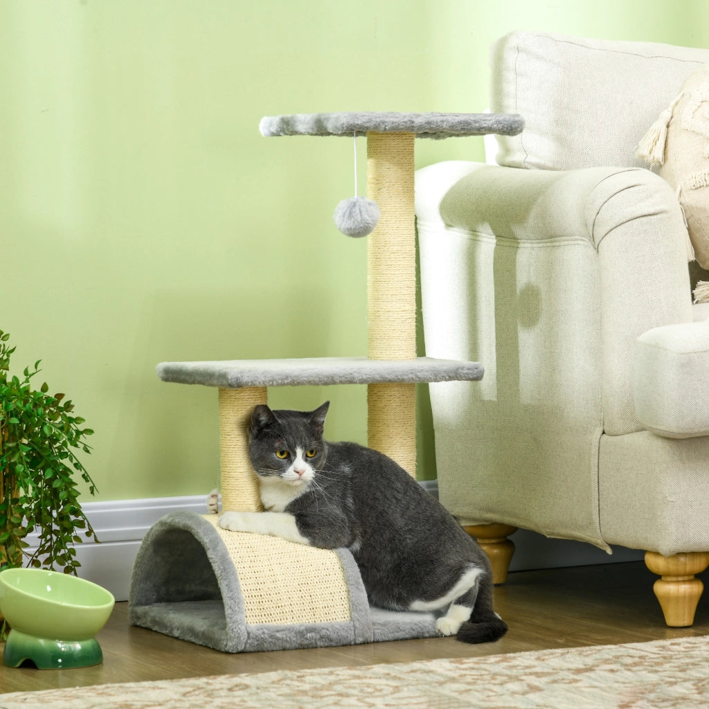 Albero per Gatti a 3 Livelli con Tiragraffi, Peluche e Sisal, 40x35x72 cm, Grigio Chiaro