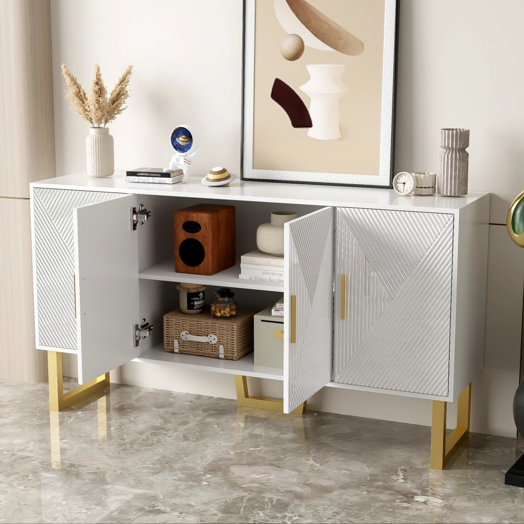 Credenza con 4 Ante e Ripiani Regolabili; Frontali Strutturati Lucidi; Stile Moderno; in MDF; Bianco; 150??40??82 cm