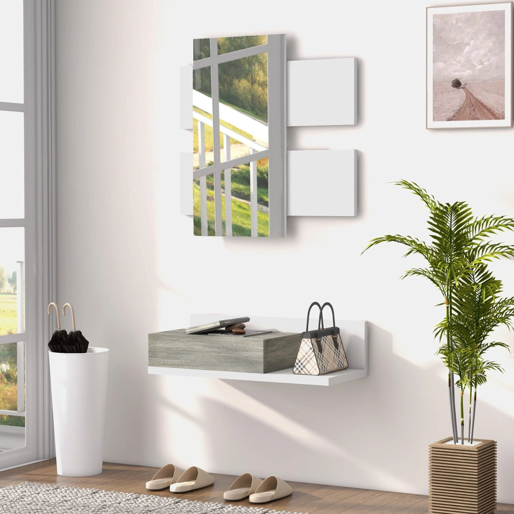 Mobile da Ingresso 2 in 1 con Specchio da Parete 75x3.5x75 cm e Cassetto 75x30.5x20 cm, Grigio e Bianco