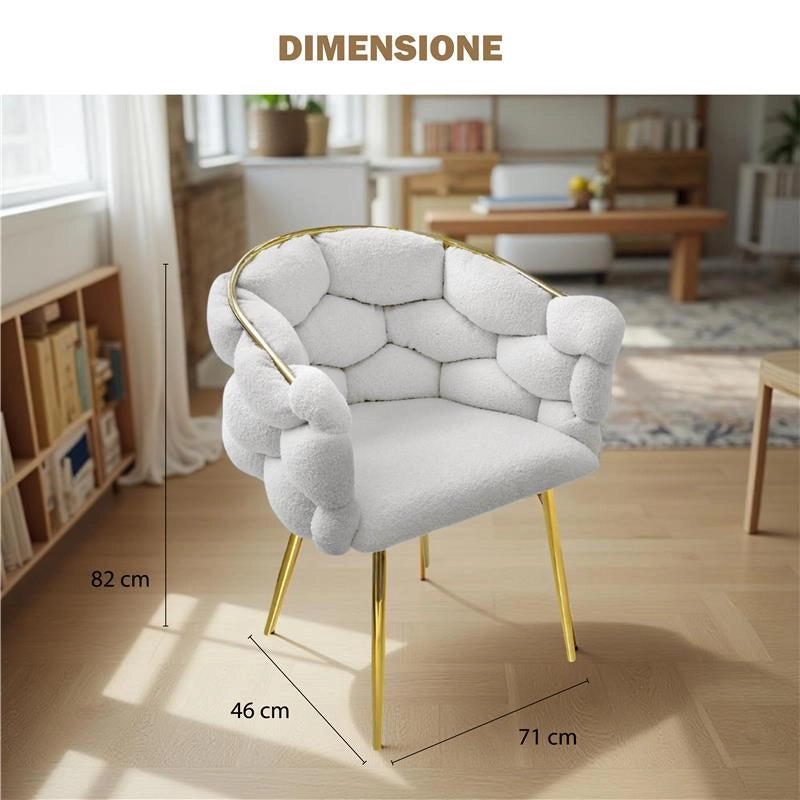 POLTRONA IMBOTTITA IN TESSUTO TEDDY CON STRUTTURA IN METALLO ORO DIMENSIONI 71X46X82H CM COLORE BIANCO