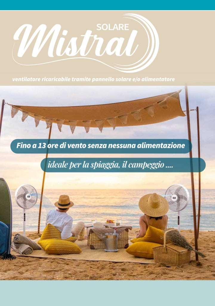 CFG Ventilatore a piantana EV121 mistral solare DC e Pannello Solare 3 velocità oscillazione inclinazione silensioso con telecomando batteria ioni di litio 18Ah USB C