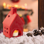 Set 2 Portacandele Casetta in Ceramica – Decorazione Natalizia da Interno, Porta Candela Tealight, Stile Elegante per Casa e Tavola