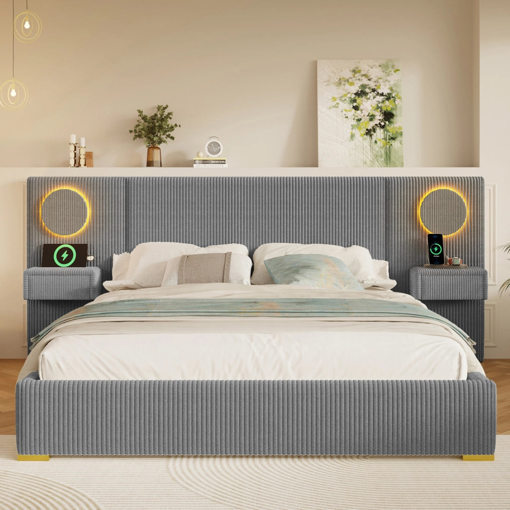 Letto imbottito 180x200 cm in velluto grigio con testiera LED, USB e comodini