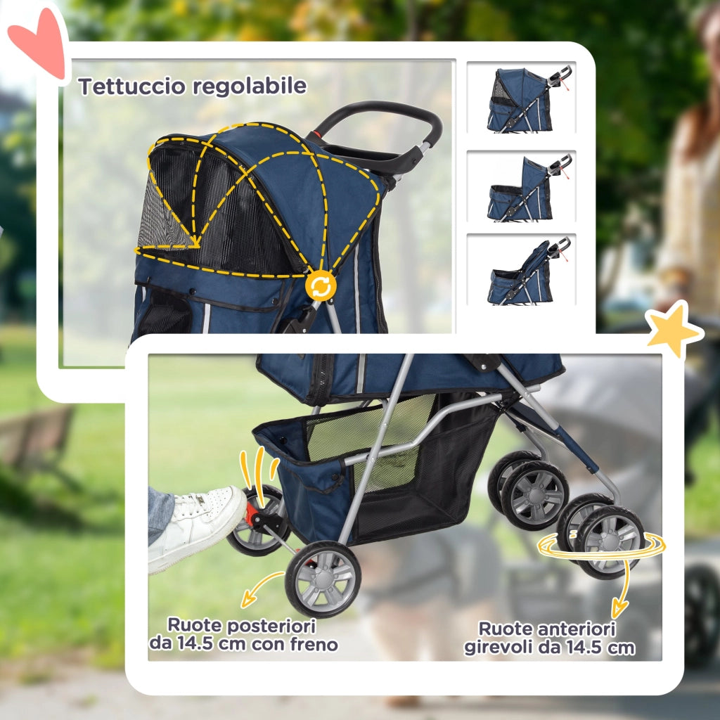 Passeggino per Cani Pieghevole 75x45x97 cm Peso Max 10 kg con Cestino e Portabicchiere Blu Scuro
