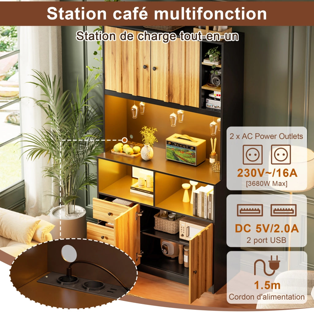 Credenza da cucina con 3 porta calici; presa; LED rgb e vetrina per cucina e sala da pranzo; 100 × 40 × 180 cm