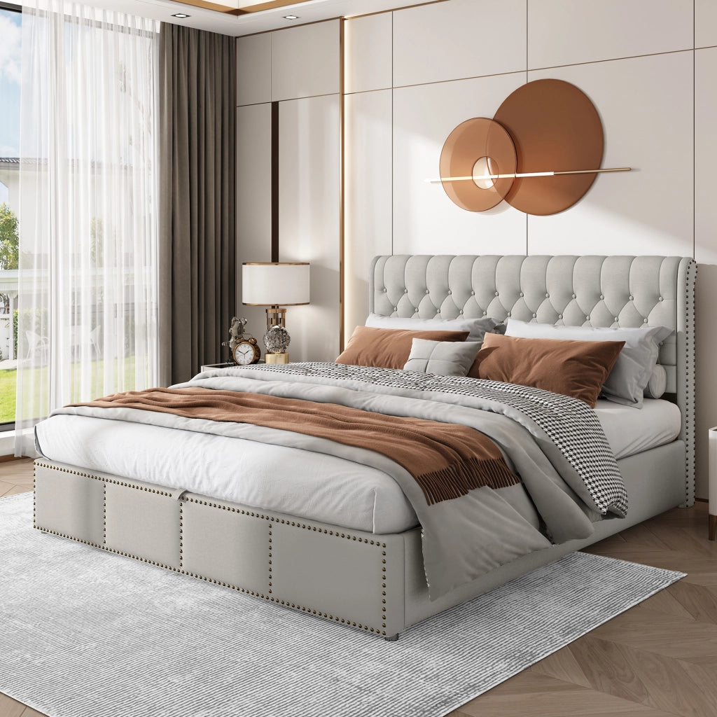 Letti contenitori 160x200 cm con contenitore; testiera alta; cotone-lino grigio (Senza materasso)