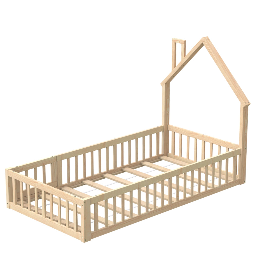Letto casetta 90×200 cm; letto singolo con sponda di sicurezza; senza materasso; in pino e MDF; naturale