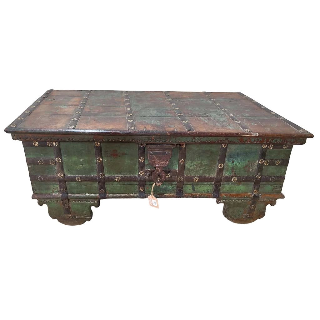 Tavolo contenitore in legno con finitura artigianale marrone, 131x72x53h cm